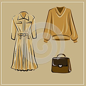 Clothes and bags. Coats and dresses, skirts and blouses, trousers and jeans, backpack and briefcase, handbags. Fashion. The basic